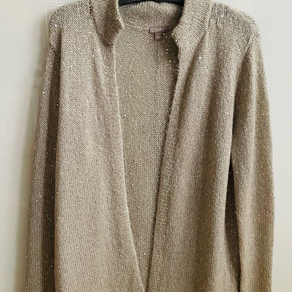 Beige Open Front Cardigan sequined L